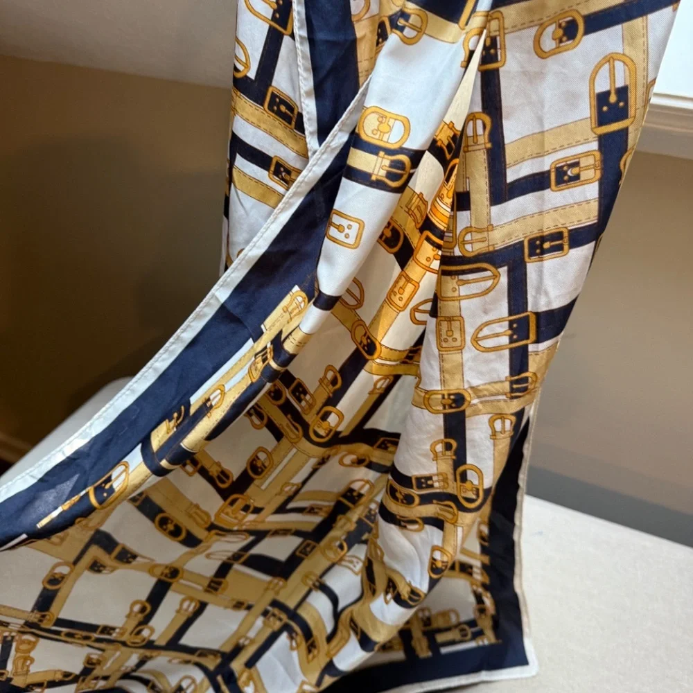 Large Vintage Equestrian Belts Scarf White Navy Gold